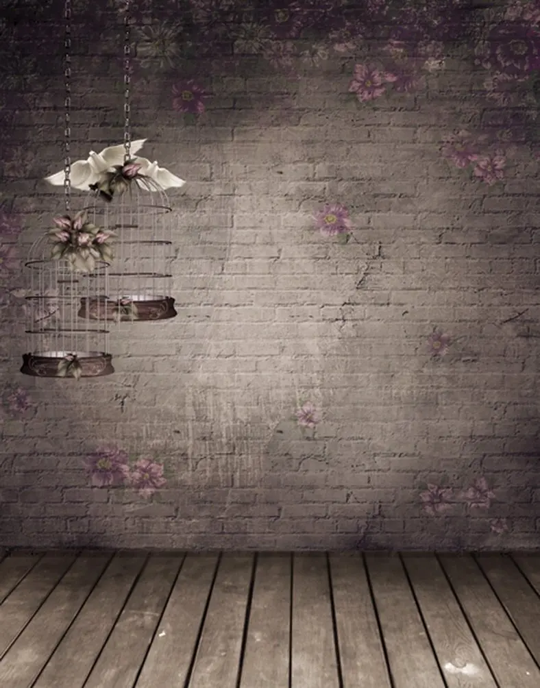 

Wooden Floor Vintage Wall Flowers Birdcage Photography Backdrops Photo Props Studio Background 5x7ft