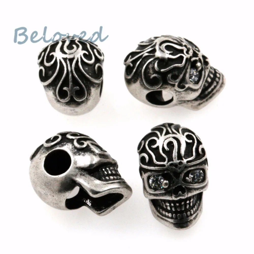 Vintage Micro Paved Zirconia Head Skull Metal Charms Beads, ClearCubic CZ Men's Paracord Bracelet Making Spacer Beads, BG18213