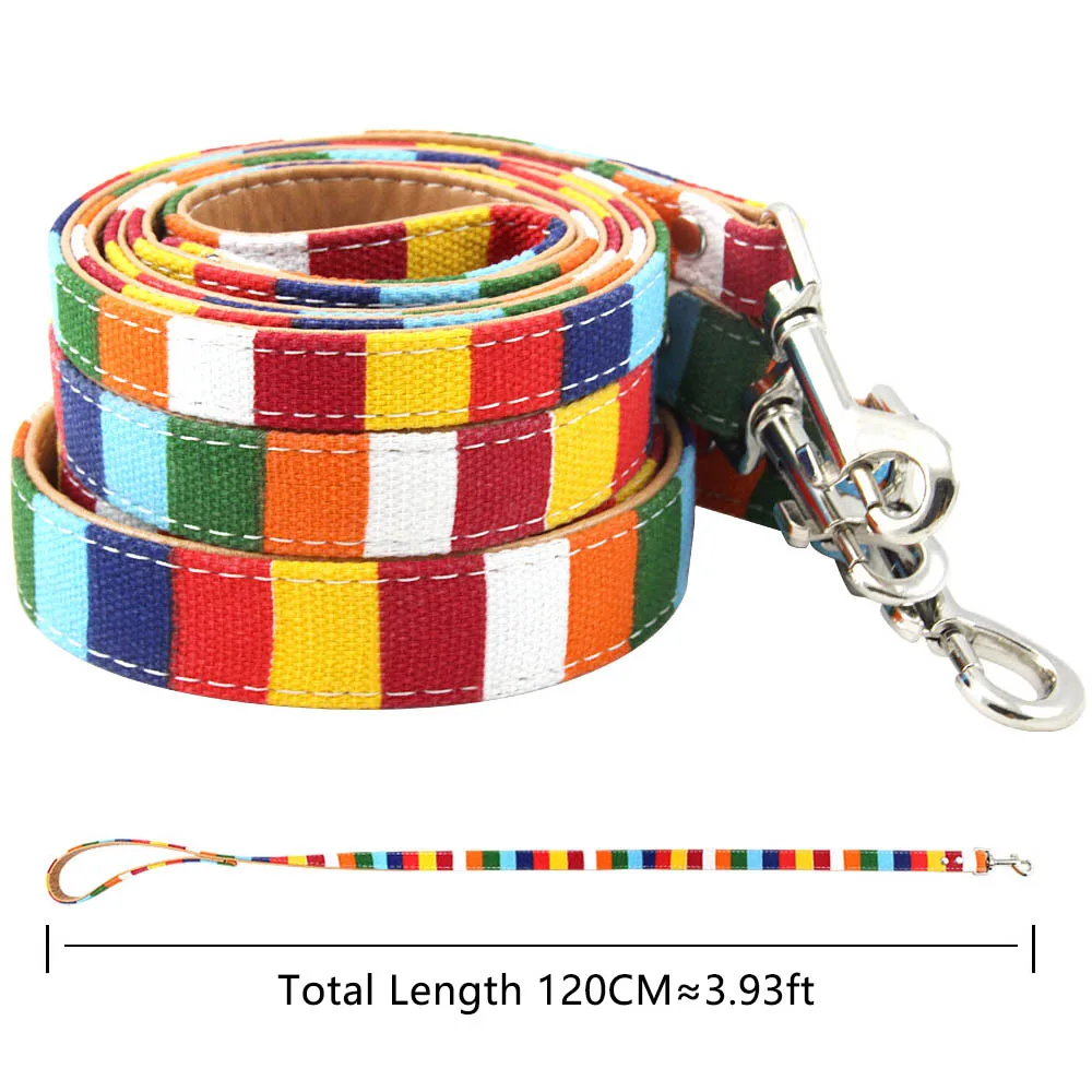 

Colorful stripe Leashes for Dog Padded canvas&PU Leather Small Medium Large Dog Leash Leads Walking Training Dog Supplies S/M/L