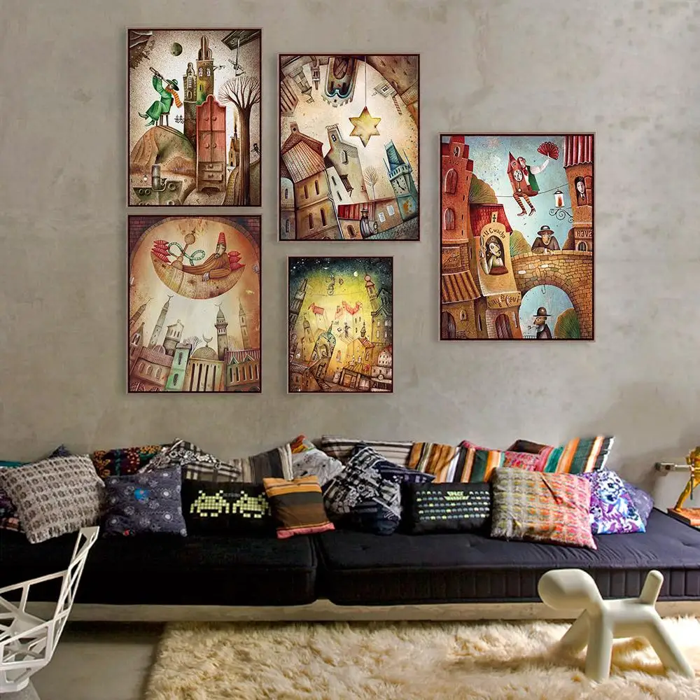 Vintage Fantasy Cartoon City Dream Boat Star Art Print Poster Abstract