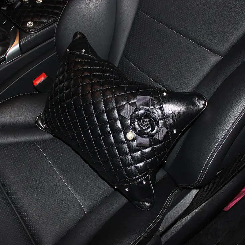 Чехол рулевого колеса автомобиля с черным цветком камелии, Кожаная подушка для шеи автомобиля, универсальная подушка для подголовника автомобиля - Название цвета: Lumbar Pillow 1pc