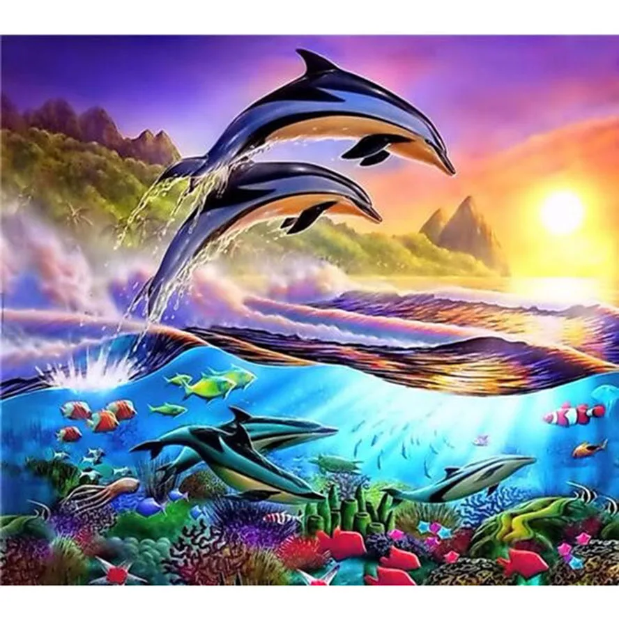 Sunset dolphin Diamond Painting Embroidery 5D Full round Cross Stitch Painting Rhinestone Crafts Gift Wall Decor artwork
