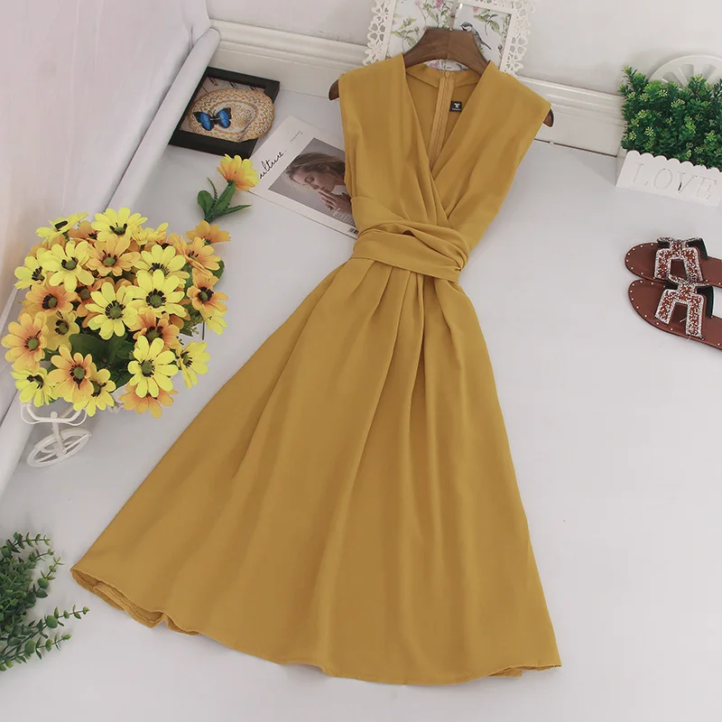 Woherb Ladies Mid-long Dress Women Casual Tank Robe Summer Elegant Party Dresses Bandage Slim Waist Vestidos De Fiesta 22615