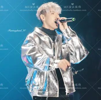 

S-5XL New Hip-hop Silver Bright Leather Jacket Men Nightclub Bar Stage Performance Service Male Show Outwear 5XL !