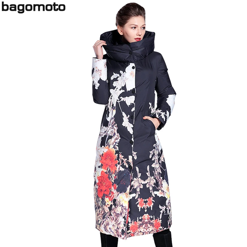 

Bagomoto Flower Print Winter jacket Women Long Parkas Women Slim Down Winter Coat Female Thick Warm Jacket Overcoat