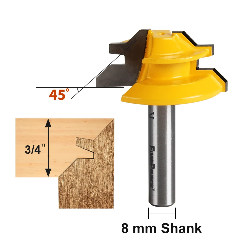 45 Degree 1-3/8 inch Diameter Joint Chamfer Router Bits FivePears Lock Miter Router Bit with 1/2 Shank 
