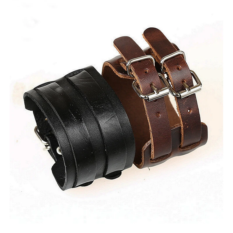 Black Strap Double Belt Wide Leather Adjustable Buckle Wristband Cuff