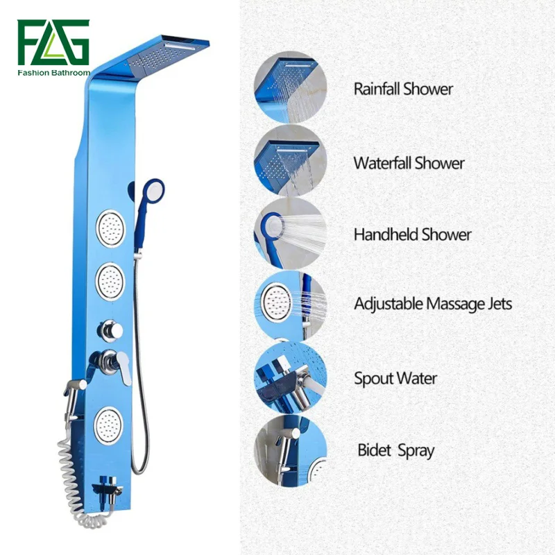 Us 34674 30 Di Scontoflg Inglese Di Colore Blu 304 In Acciaio Inox Pannello Doccia A Pioggia Da Pioggia Sistema Di Massaggio Rubinetto Con Getti