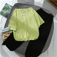 2-Piece-Set-Women-Casual-Tops-And-Pants-Streetwear-Button-T-Shirt-High-Waist-Elastic-Wide