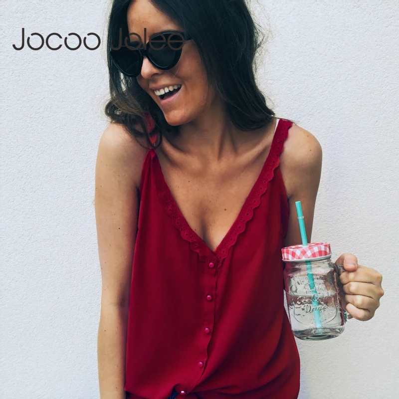 

Jocoo Jolee 2019 Women Casual Loose Summer Top Lace Sleeveless Blouse Breathable Basic Vest Sexy V Neck Blouses Female Tanks