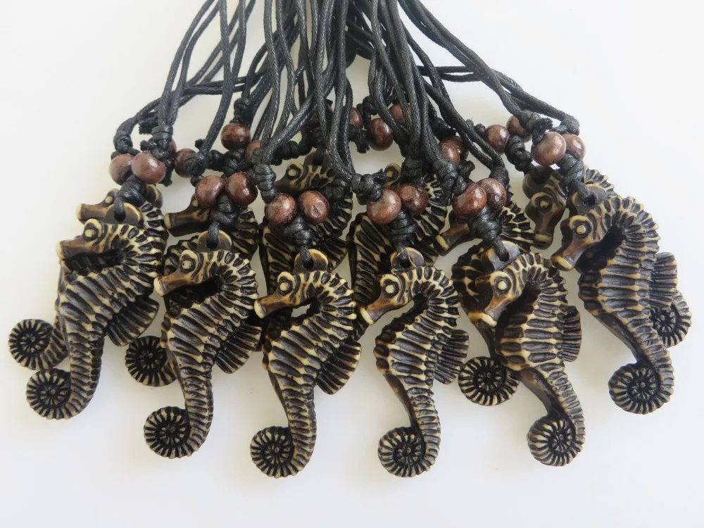 Wholesale Lot 12pcs White/Brown Tribal Yak Bone Powder Resin Carving Sea Horse Pendant Necklace