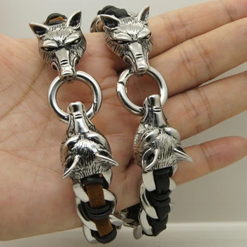 

2 wolf playing with circle woven leather 316 stainless steel bracelet new