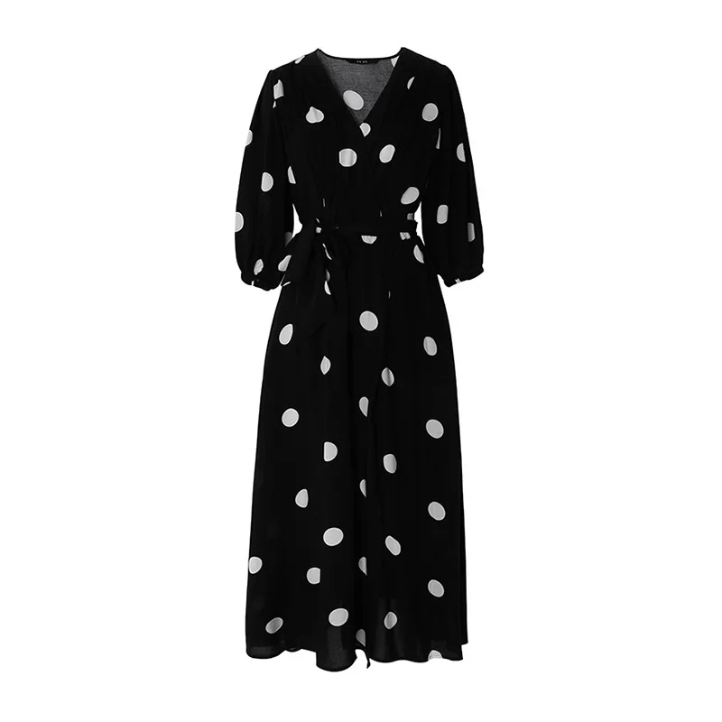 Модное женское платье в горошек в стиле бохо, Длинные вечерние сарафаны в стиле ампир, Пляжное модное повседневное женское платье с коротким рукавом - Цвет: Черный