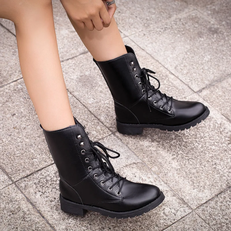

2018 Ladies Shoes Winter Women Boots Plus Size Europe Style Comfor PU Leather Fleeces Lace-up Platform Boots Women Ankle Boots