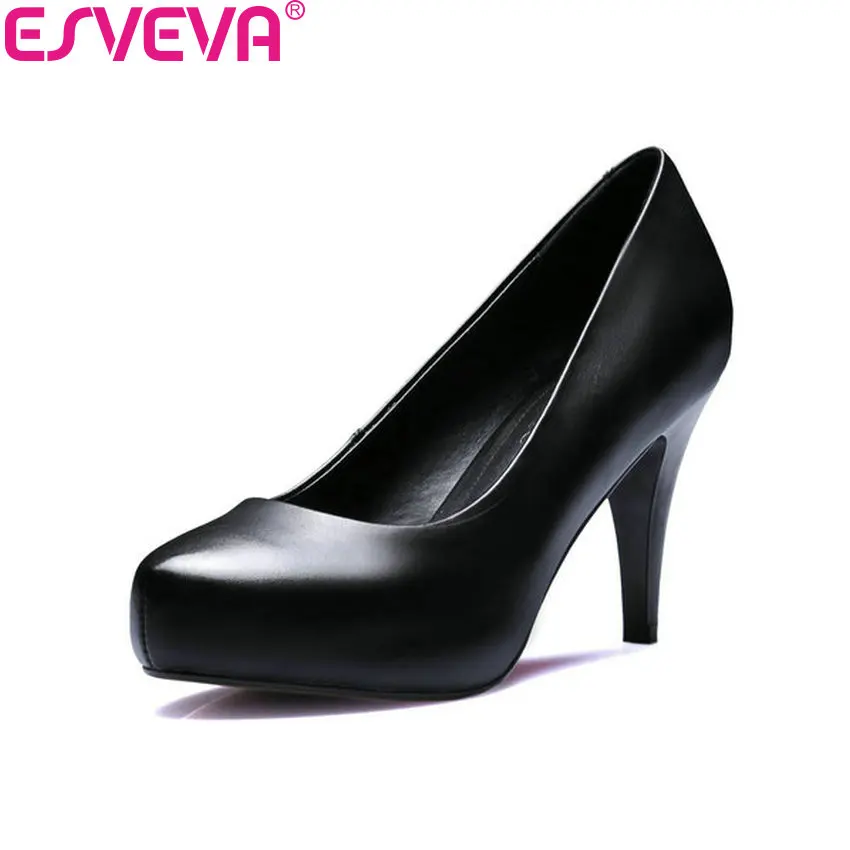 

ESVEVA 2018 Women Pumps Thin Heels handmade Party PU+Cow Leather All Match Black High Heels Office Ladies Work Shoes Size 34-39