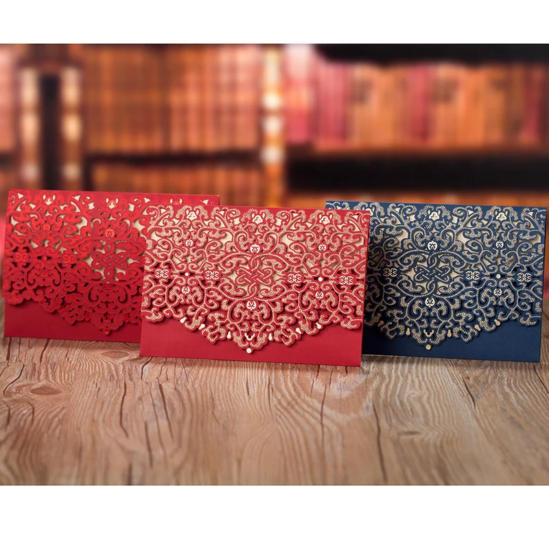 

1pcs Blue Red Laser Cut Elegant Flora Wedding Invitations Card Baby Shower Print with Envelopes Wedding Event Party Decorations