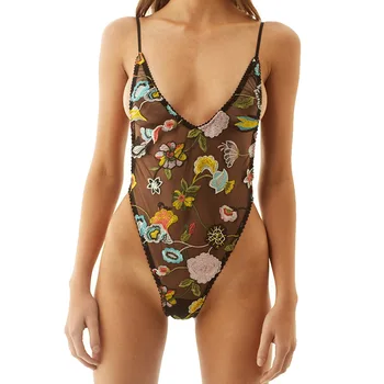 

Floral Embroidered Lace Mesh Women Bodysuit Summer Jumpsuit Romper Sexy Black Casual Short Beach See Through Overalls