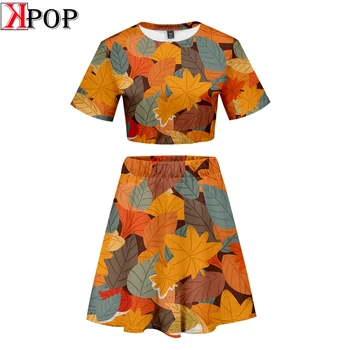 

Tree leaf New modis 3D cool Casual Basic Summer Harajuku Navel Short Sleeve+Short Skirt Sets street Women Two Pic Skirts Set