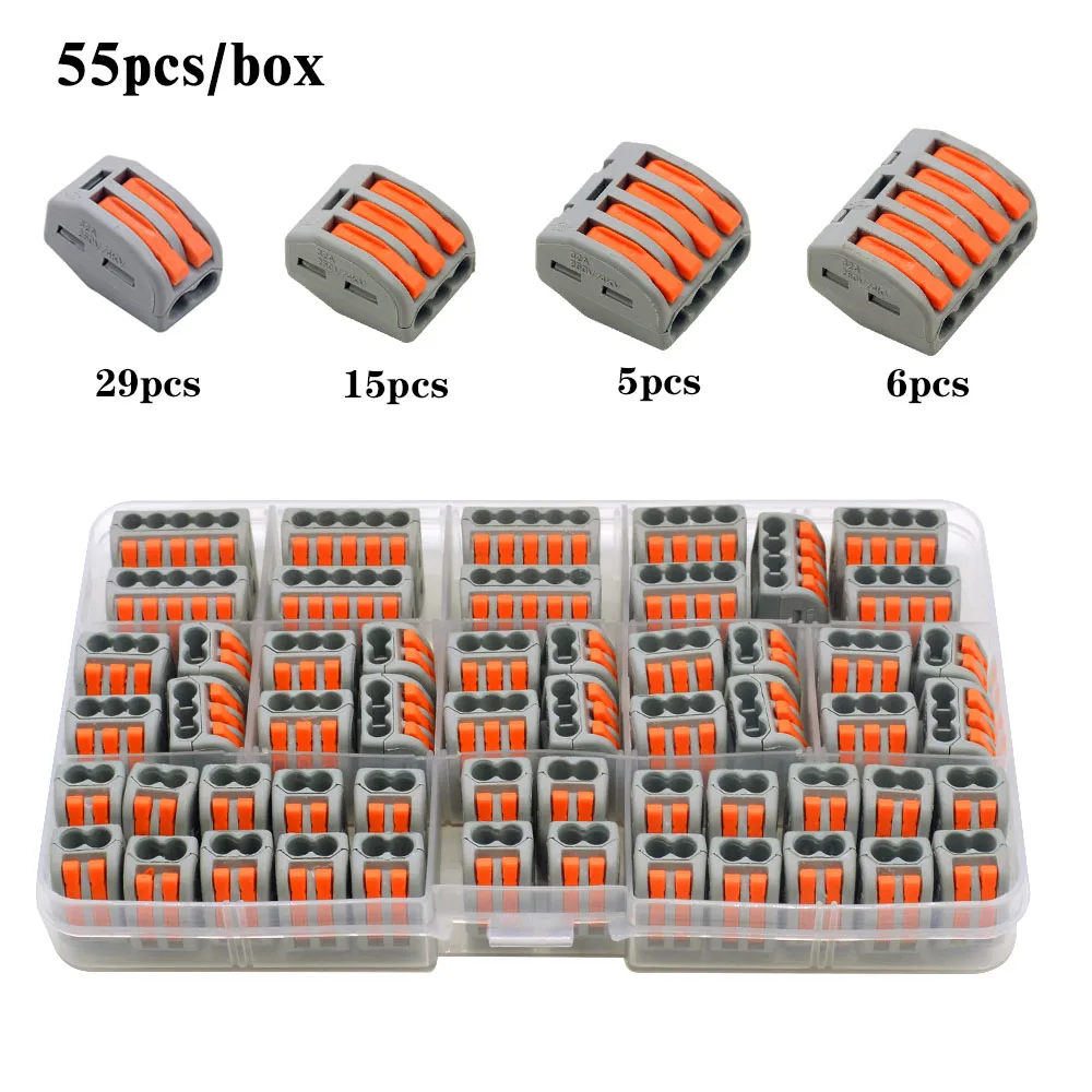 

55 Pcs Wago Multi-Type Wire Connector Boxed Universal Compact Terminal Block Wire Connector For Hybrid Quick Connector
