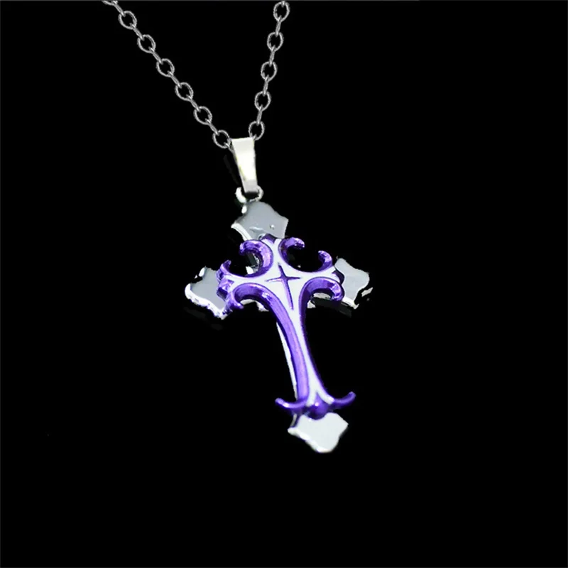 

Charm Purple Cross Flower Religion Pendant Necklace Boho Gothic Women Men Girls Statement Jewelry Chain Collier Drop Shipping
