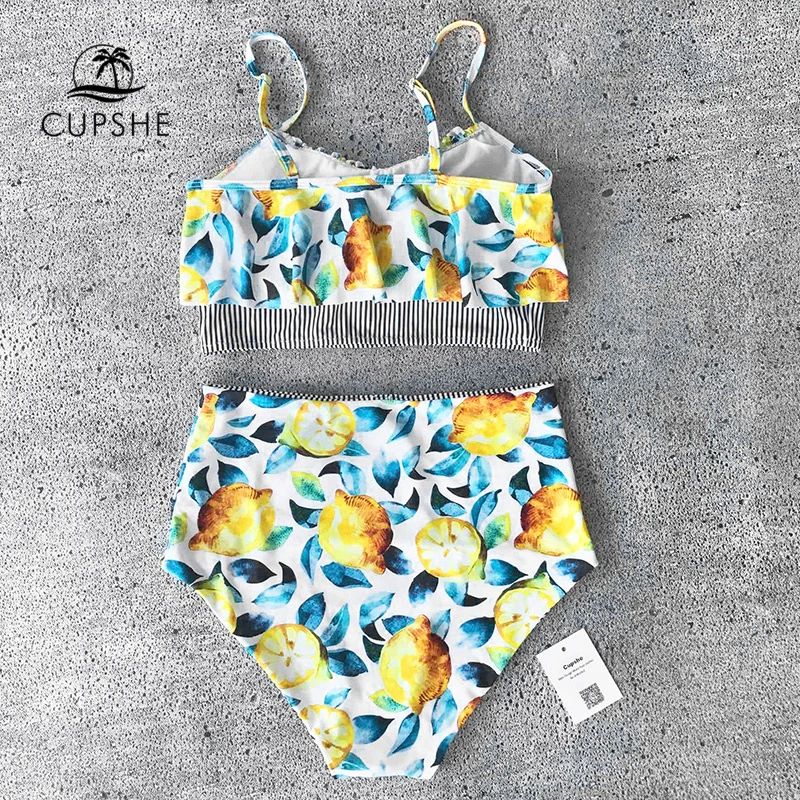 Online CUPSHE Sommer Zitrone Druck Falbala Bikini Set Frauen Rüsche Hohe taille Zwei Stücke Bademode 2020 Strand Badeanzug Badeanzug