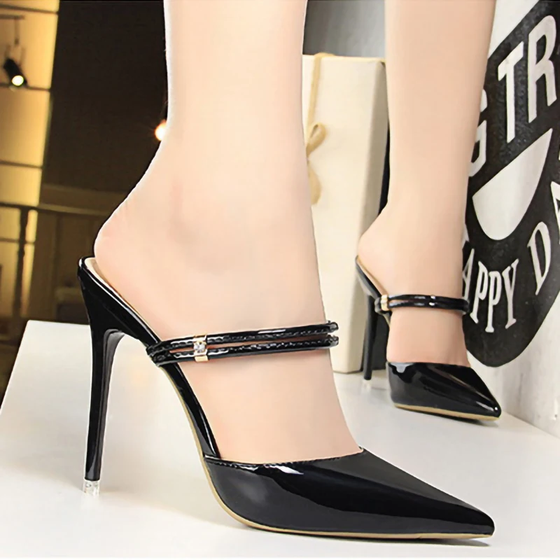 

PDMOSY New Summer Women High Heel Slippers Pointed Toe Shallow Fashion Sexy Ladies Shoes Black Outside Slippers chanclas mujer