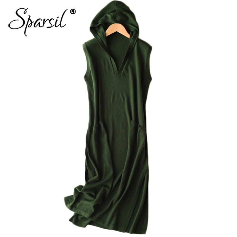 

Sparsil 2018 Women Wool Knitted Hooded Dress Autumn V Neck Sleeveless Knee Length Hem Split Fashion Female Knitwear Dresses