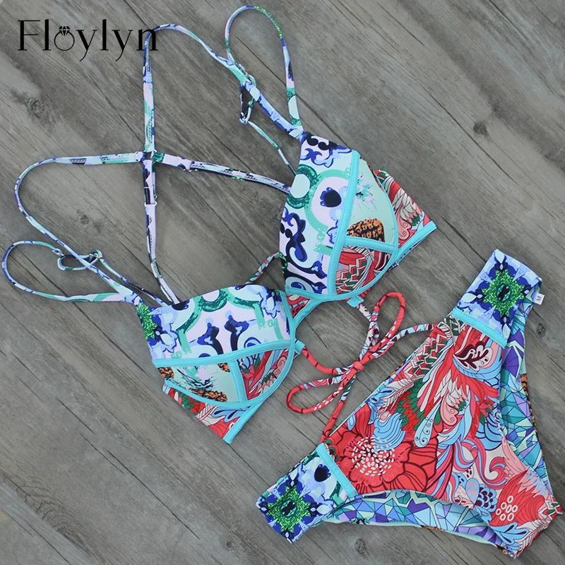 

Floylyn Pineapple Vintage Printed Underwire Push Up Bikini Top and Reversible Wear Brazilian Bottom Swimming Wear Swimsuit