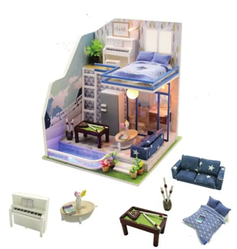 

New doll house miniature diy wooden dollhouse furniture loft with bathroom bedroom light Christmas birthday present brinquedos
