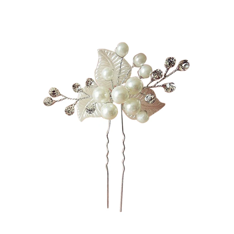 

Silver Acrylic Pearl Bride Headdress Flower Hair Hairpin U with leaves