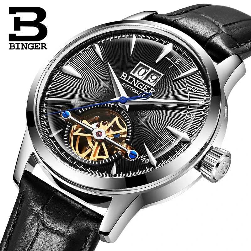 

High Quality Watches Relogio Masculino binger Automatic Watches For Men Mechanical Skeleton Fashion Leather Clock 2019 Gifts