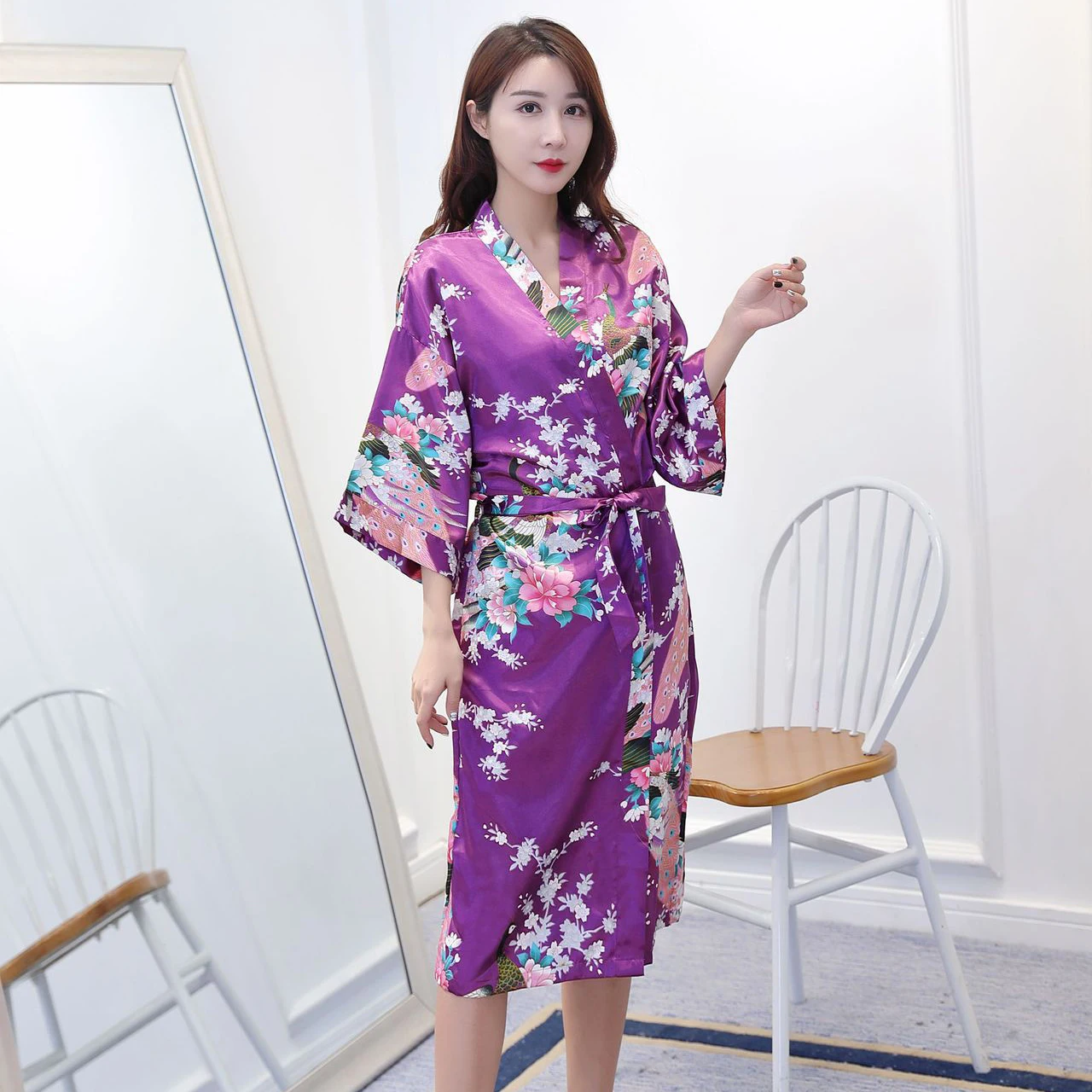 Большой размер 3XL Китайский Свадебный халат невесты сексуальная леди Цветочный павлин кимоно халат атласная одежда для сна домашний халат