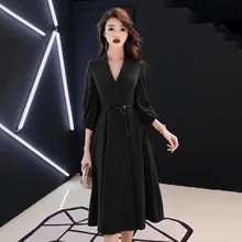 V-neck Evening Dress Wine Red Vintage Tea Length Formal Zipper back Prom Dresses Half Sleeve A-line Wine Red Party Gowns E019 v neck half sleeve tea length dress