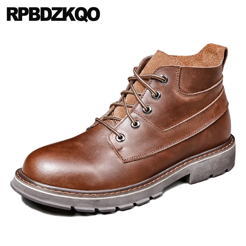 

Chunky Men Fall Military Brown Lace Up Ankle Booties Fur Retro Combat Boots Winter Army Warm Waterproof High Top Shoes Vintage