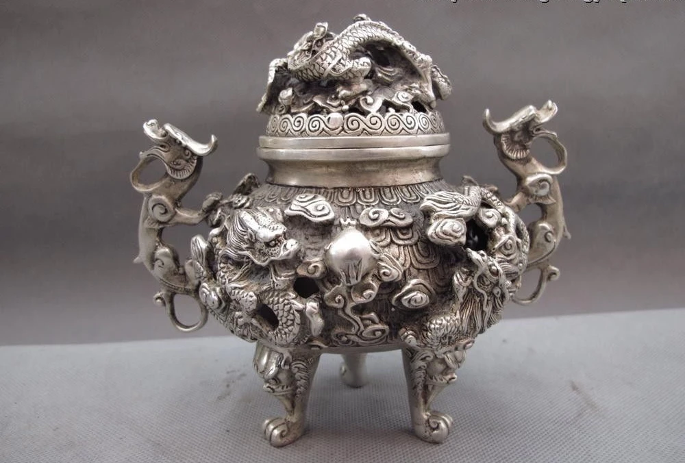 

Tibet palace refine White Copper Silver Nine Dragon beast incense burner Censer