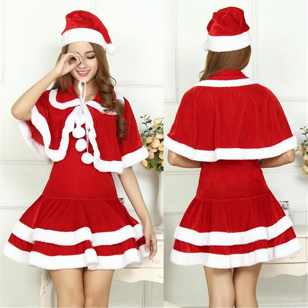 Женское платье на Рождество костюм для взрослых красные и белые бархатные меховые платья с капюшоном сексуальный женский косплей костюм Санта Клауса
