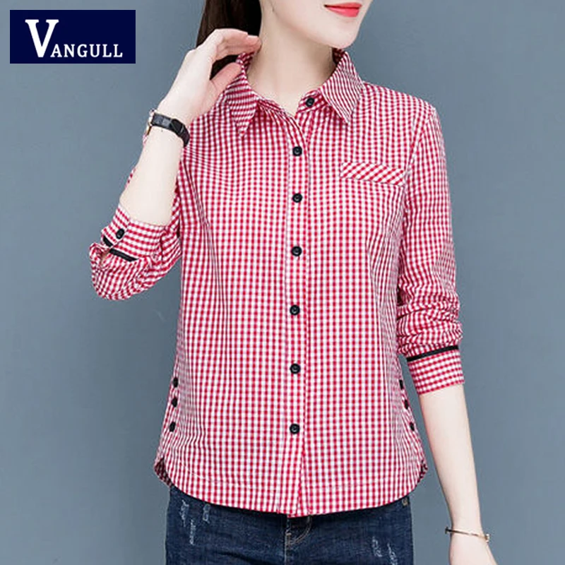 

Vangull Plus Size Women Shirts Fashion Classic Female Blouses Long Sleeve Plaid Stripe Blouses 2019 Spring Summer New Women Tops