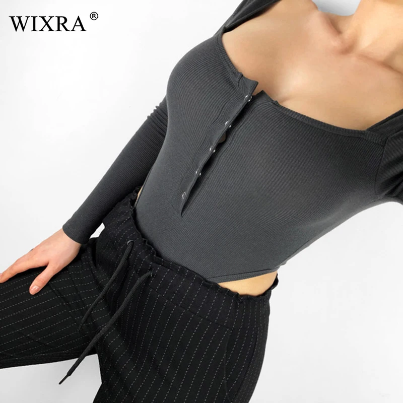 Wixra 2019 جديد إمرأة ملابس طويلة الأكمام مائل الرقبة داخلية زر الصلبة مثير عارية الذراعين Playsuits للإناث