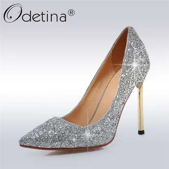 

Odetina 2019 New Fashion Ladies Silver Glitter Pumps Bling High Heels Shoes Party For Woman Pointed Toe Stilettos Big Size 32-43