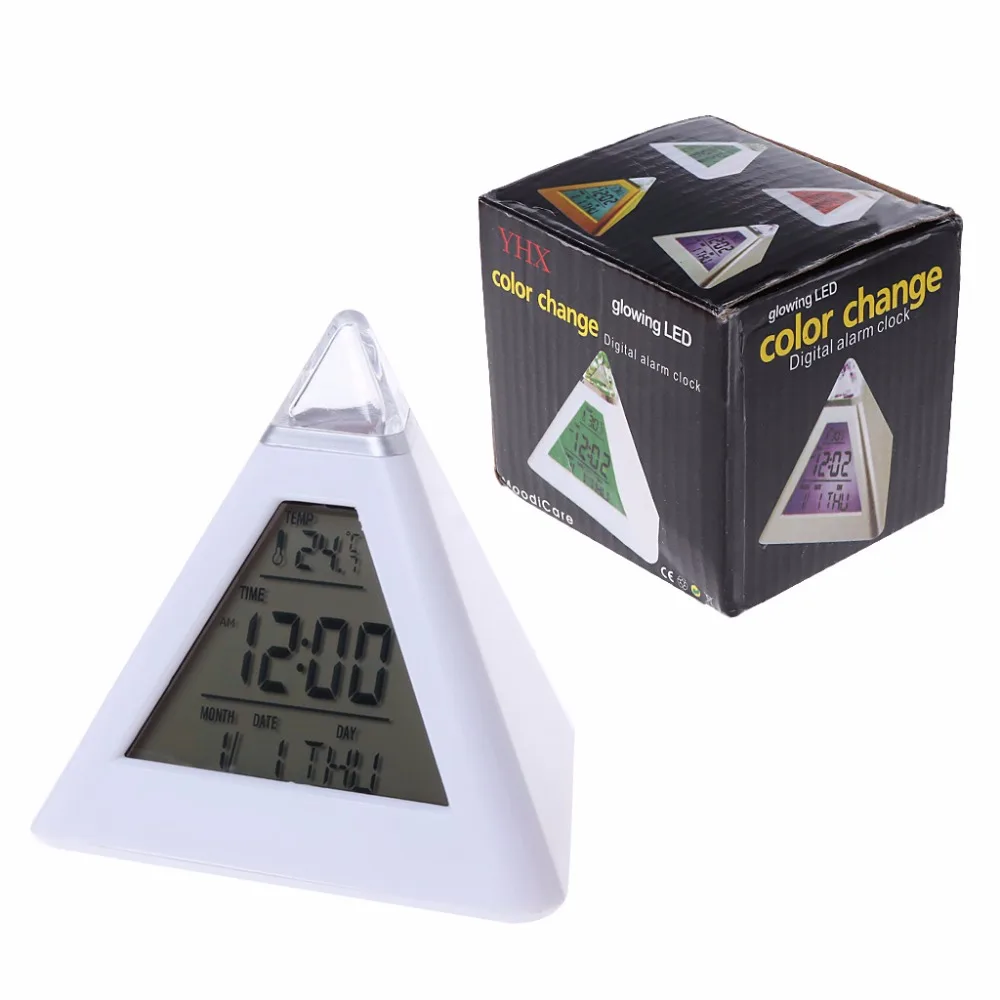 

7 Color LED Color Changing Digital Pyramid Thermometer Alarm Clock Home Decor