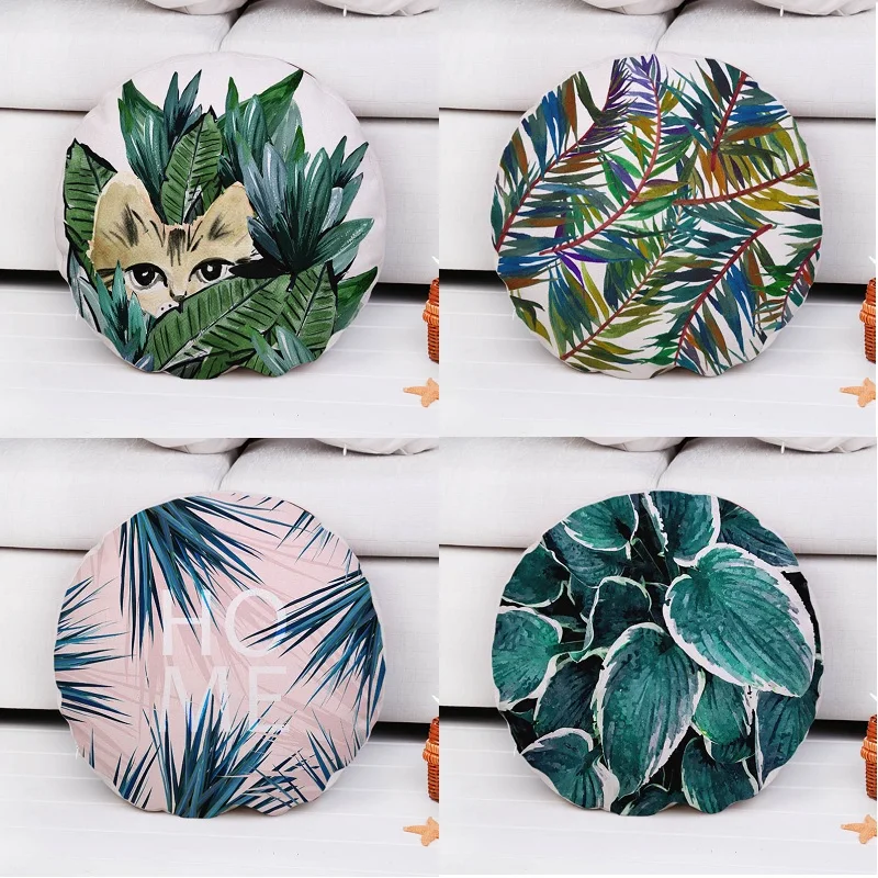 

Tropical Palm Tree Round Cushion Covers Cactus Plant Green Leaf Pillows Cases Linen Cotton Pillow Covers Bedroom Sofa Decoration