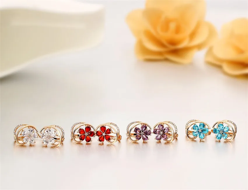 4Colors Five Petal Flower Paved Pear CZ Crystals Huggies Small Hoops Earrings for Women Yellow Gold Color Jewelry New