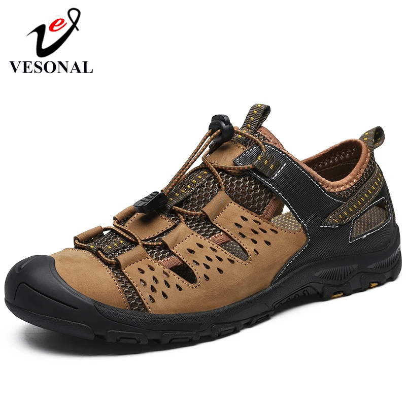 

VESONAL Brand Outdoor Fashion PU Leather Sandals For Male Adult 2019 Summer Casual Sneakers Men Breathable Mesh Footwear Quality