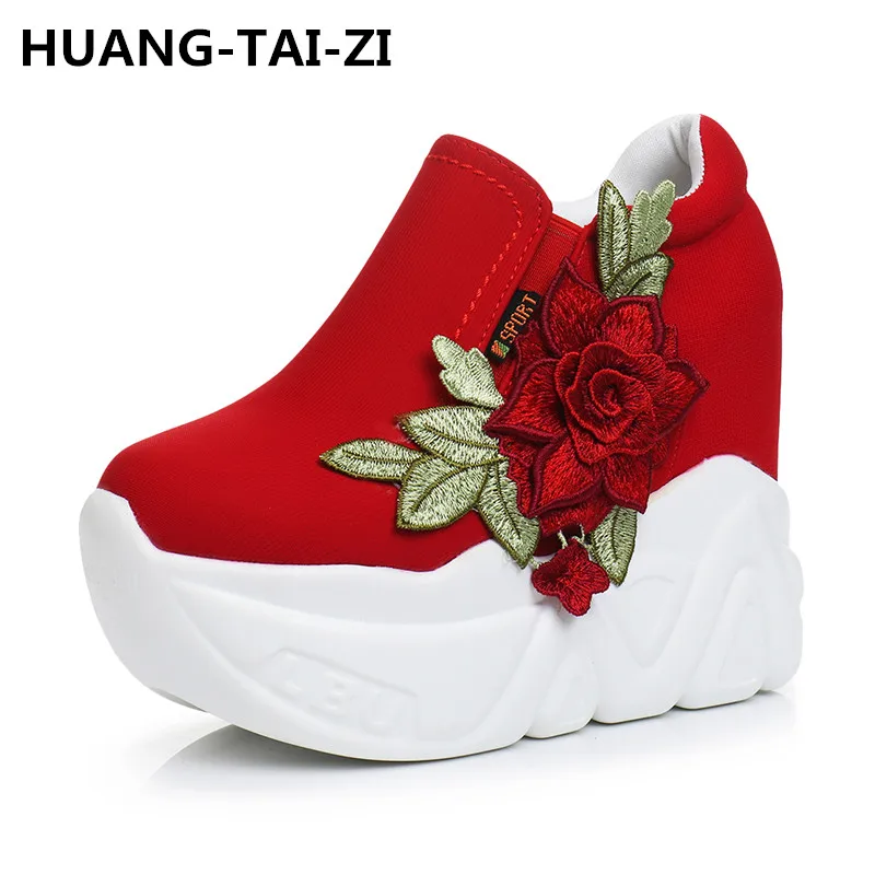 

12CM Custom Flowers Wedges High Heels Ladies Casual Shoes Vulcanize Women Platform Canvas Shoes Female Chaussure Femme Sneaker