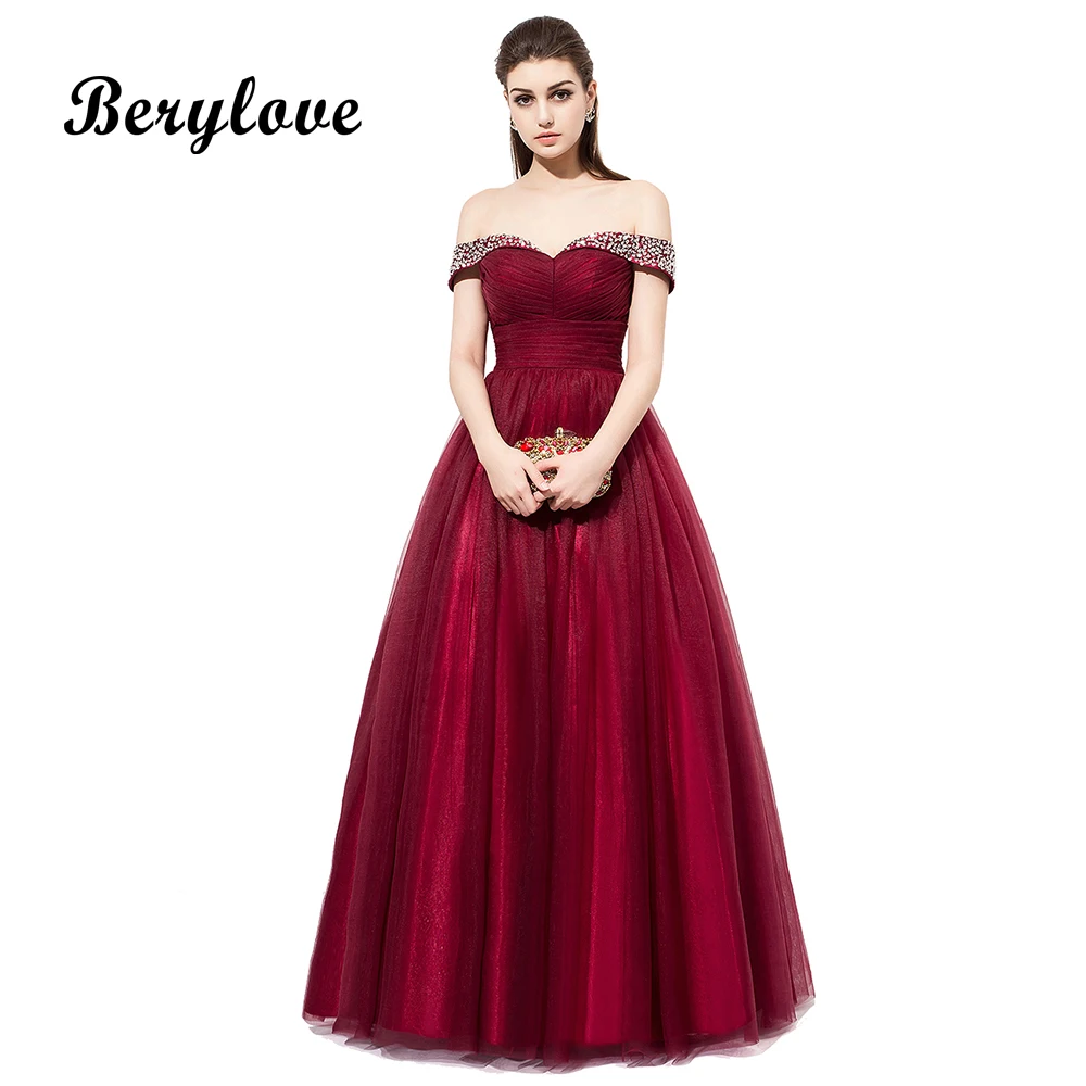 

BeryLove Long Burgundy Prom Dresses 2018 Off Shoulder Beading Tulle Evening Dresses Women Prom Gowns Special Occasion Dresses
