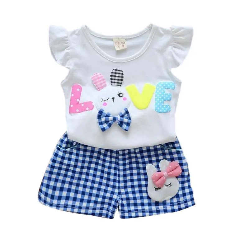 

BibiCola new summer girls clothing sets birthday party clothes casual cartoon rabbit T-shirt+plaid pants clothes sets for girls