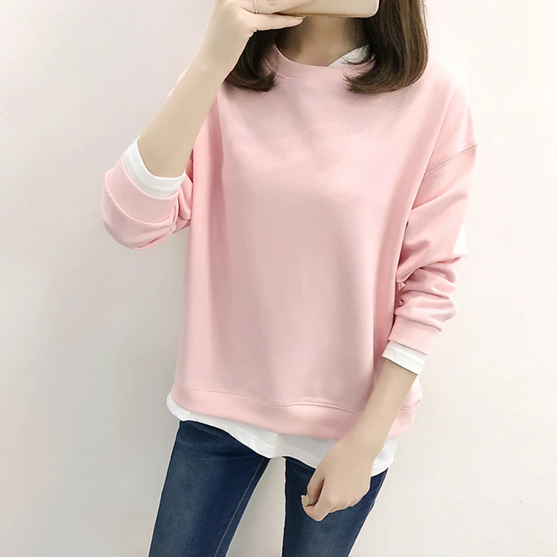 

Hit Color Fake Two Pieces Hoodie Women Autumn 2019 New Simple Loose Kpop Sweatshirt Femme M-XXL Chic Harajuku Kawaii Hoodie Pink