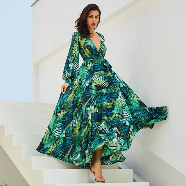 Fashion New Floral Printed Long Dress Summer Beach Plus Size Holiday Green Dresses Printed Beach Chiffon Maxi Dress - AliExpress