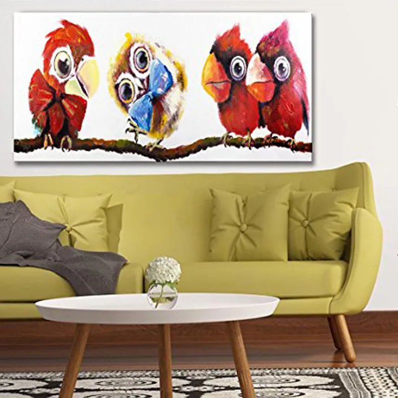 

Handpainted Abstract Cartoon Oil Paintings on Canvas Modern Home Decor Wall Art Pictures Large Knife Funny Birds Animal Painting
