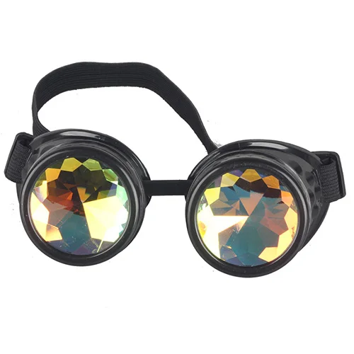 Hotselling Kaleidoscope Rainbow Crystal Lenses Steampunk Goggles EDM Glasses Gothic Cosplay Goggles Eyewear Vintage Halloween - Цвет линз: Black